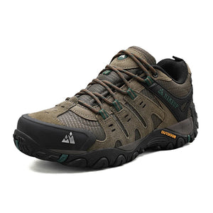 Men's suede hiking shoes with mesh fabric and rubber outsole in black, khaki, and grey