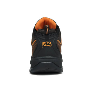 Black and orange shoe with a brand logo on a white background