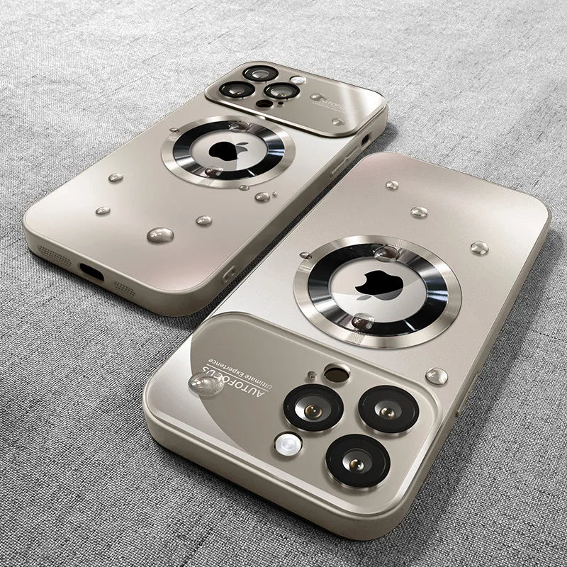 Two beige smartphones with metallic accents on a gray textured surface