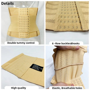 Beige waist trainer with text highlighting features on a white background