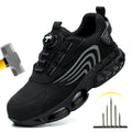 Black safety shoe with air cushion sole, hammer, and graphic on a white background