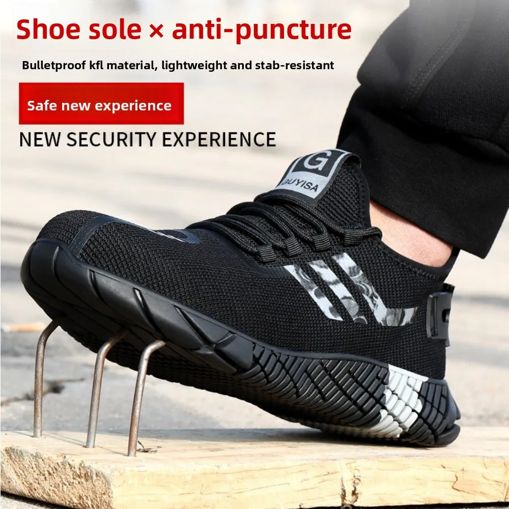 A black athletic-style work shoe sole shown in a close-up promotional image, with text overlays describing bulletproof K11 material and anti-puncture features. A person's lower leg in black pants is visible, and the shoe rests on metal spikes over a wooden surface.