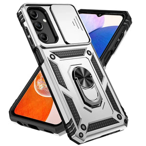 white and black Military Armor Samsung Galaxy Case with Slide Camera Lens and Holder Ring