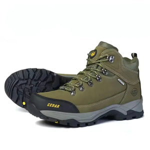A pair of outdoor hiking boots in olive green with black and gray soles, shown on a white background.