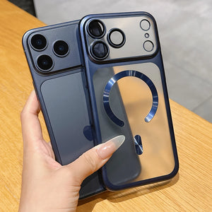 Phone case with ring holder held by a hand on a wooden surface
