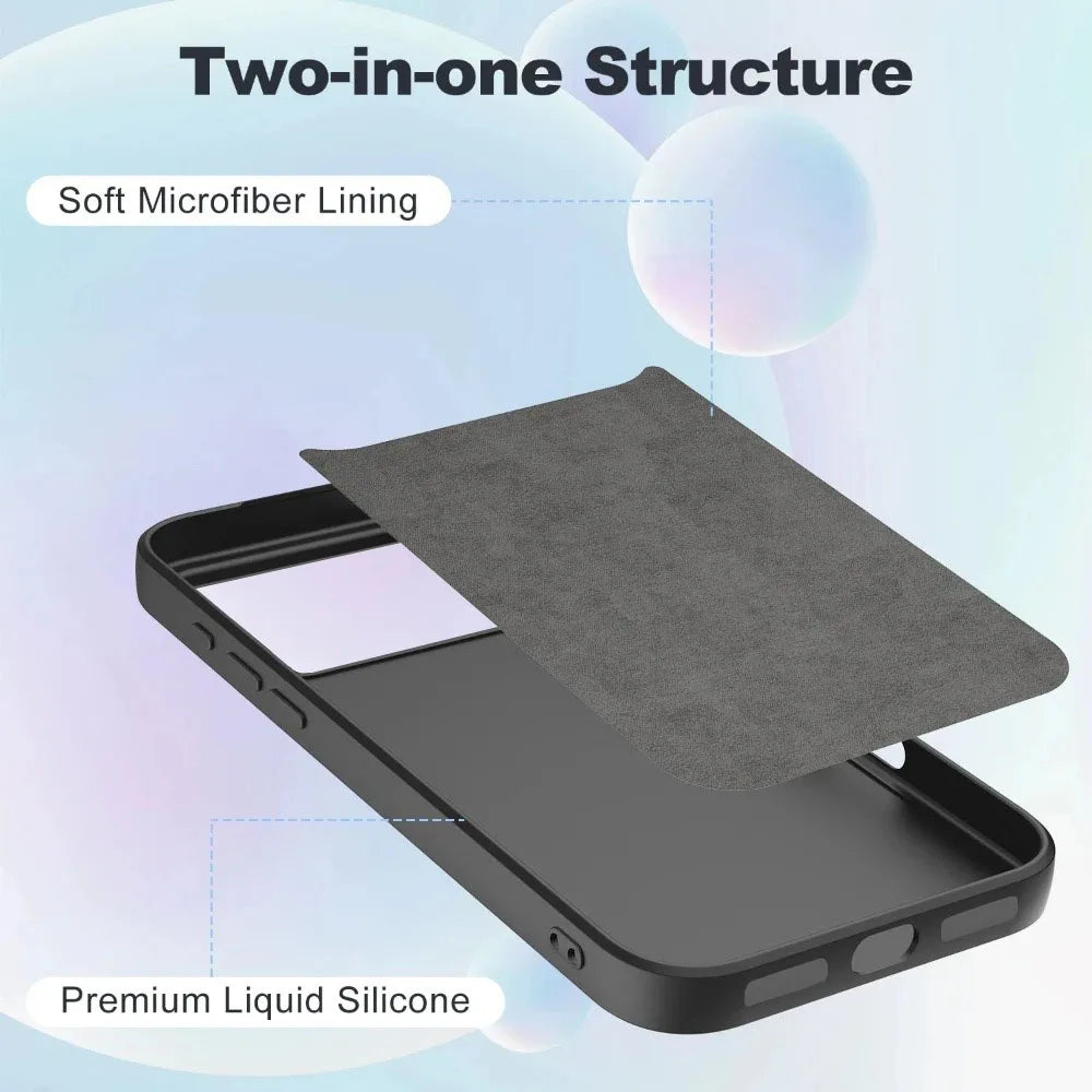 Phone case with soft microfiber lining and premium liquid silicone, labeled 'Two-in-one Structure'.