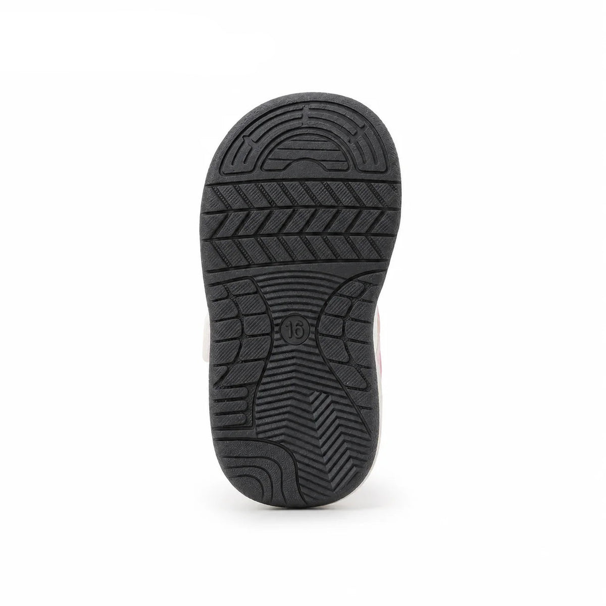 A close-up view of the black treaded sole of a shoe, shown against a white background in blue at the top left.