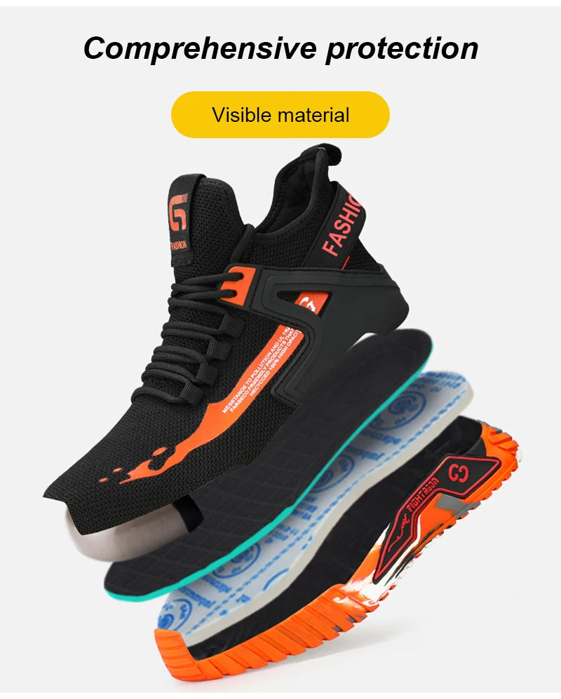Black and orange safety shoes with visible material on a white background