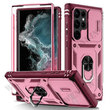 Pink Heavy duty Samsung Galaxy case with ring holder and screen protector on a white background