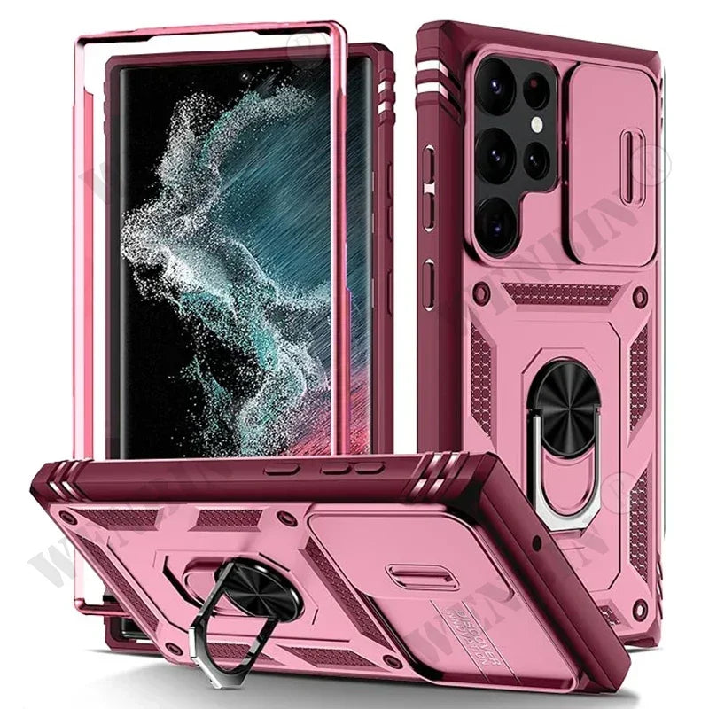 Pink Heavy duty Samsung Galaxy case with ring holder and screen protector on a white background