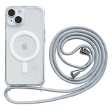 Crossbody Magnetic Clear iPhone Case with Lanyard Hard PC Back Cover and magnetic charging pad, featuring a strap on a white background