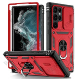Red and black Heavy duty Samsung Galaxy case with ring holder on a white background