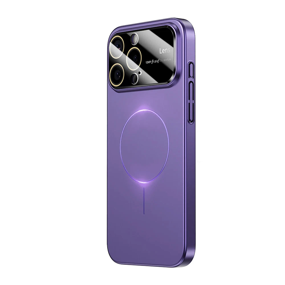 Purple MagSafe Matte Case for iPhone with a glowing circle on a white background