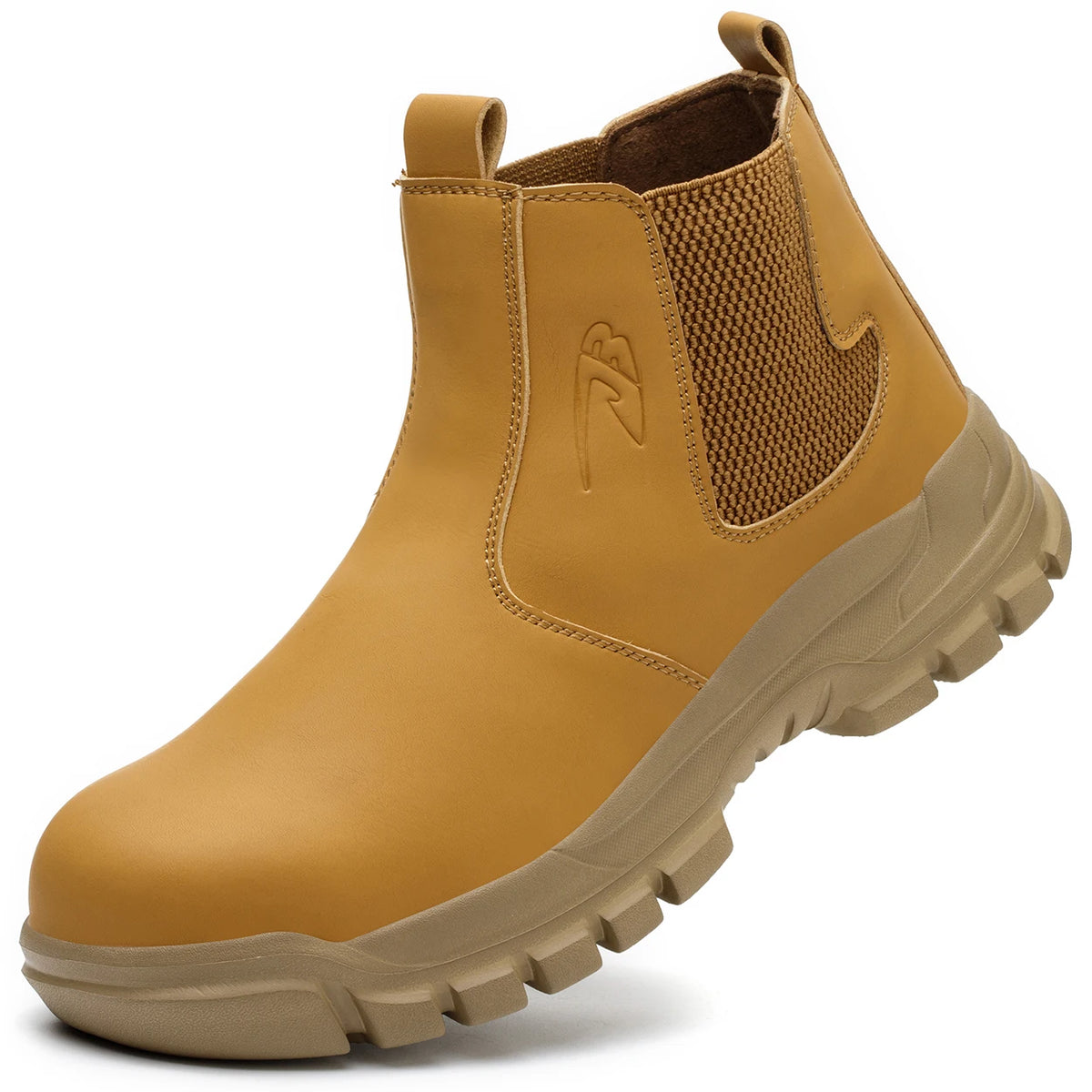 Yellow boot with a brand logo on a white background