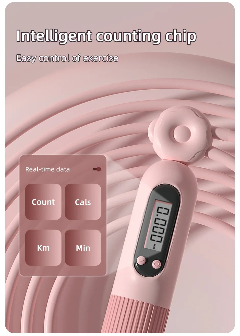 Pink digital Smart jump rope tracker with a stylized background and text about an 'intelligent counting chip' and 'easy control of exercise'.