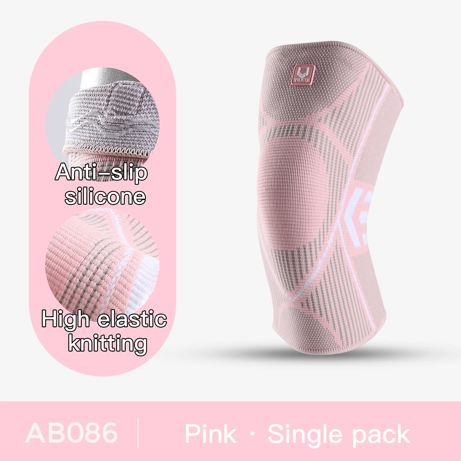 Pink knee brace with packaging highlighting features on a white background