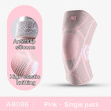 Pink knee brace with packaging highlighting features on a white background