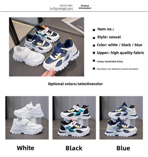 A product information graphic showing a pair of children's casual sneakers in navy, white, and black, with text listing item details and three smaller color options labeled White, Black, and Blue.