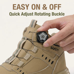 Beige safety boot with quick adjust rotating buckle being tightened by a hand on a light beige background.