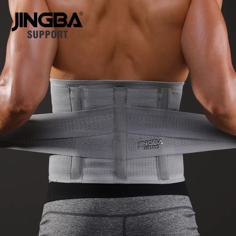 Person wearing a gray waist support belt with JINGBA branding on a dark background