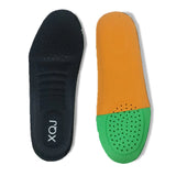 Black and orange shoe insole with green sole on a white background