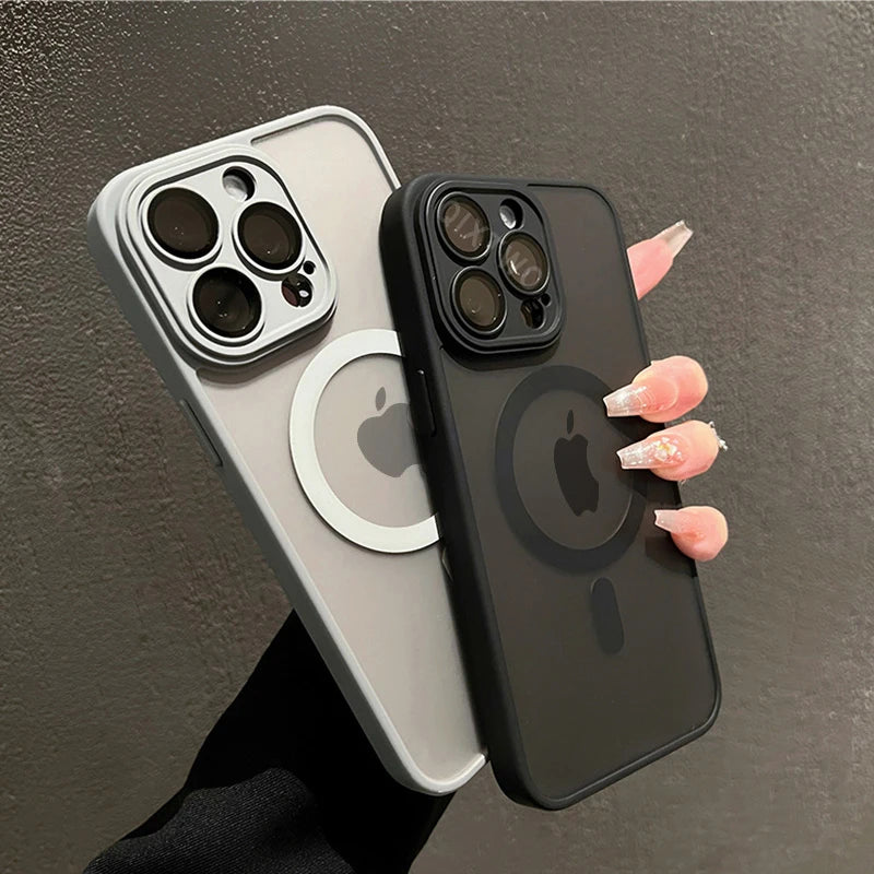 Two Matte magnetic iPhone case compatible with Magsafe wireless charging on a dark background.