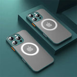 Two Matte armor magnetic iPhone case compatible with MagSafe on a green background