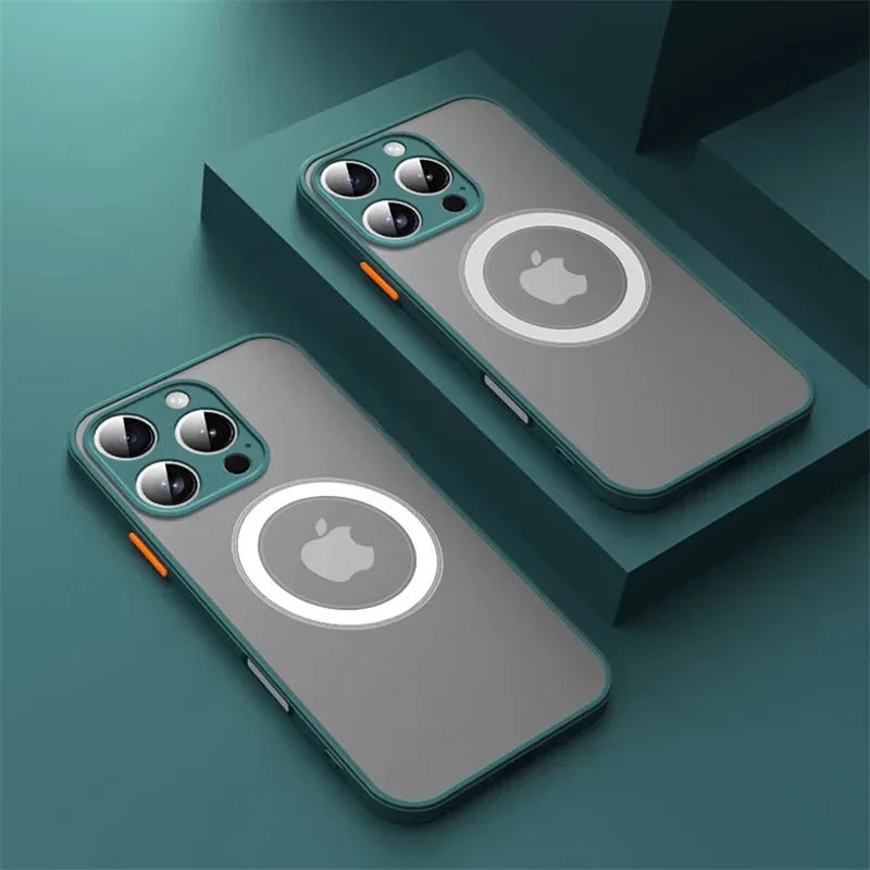 Two Matte armor magnetic iPhone case compatible with MagSafe on a green background