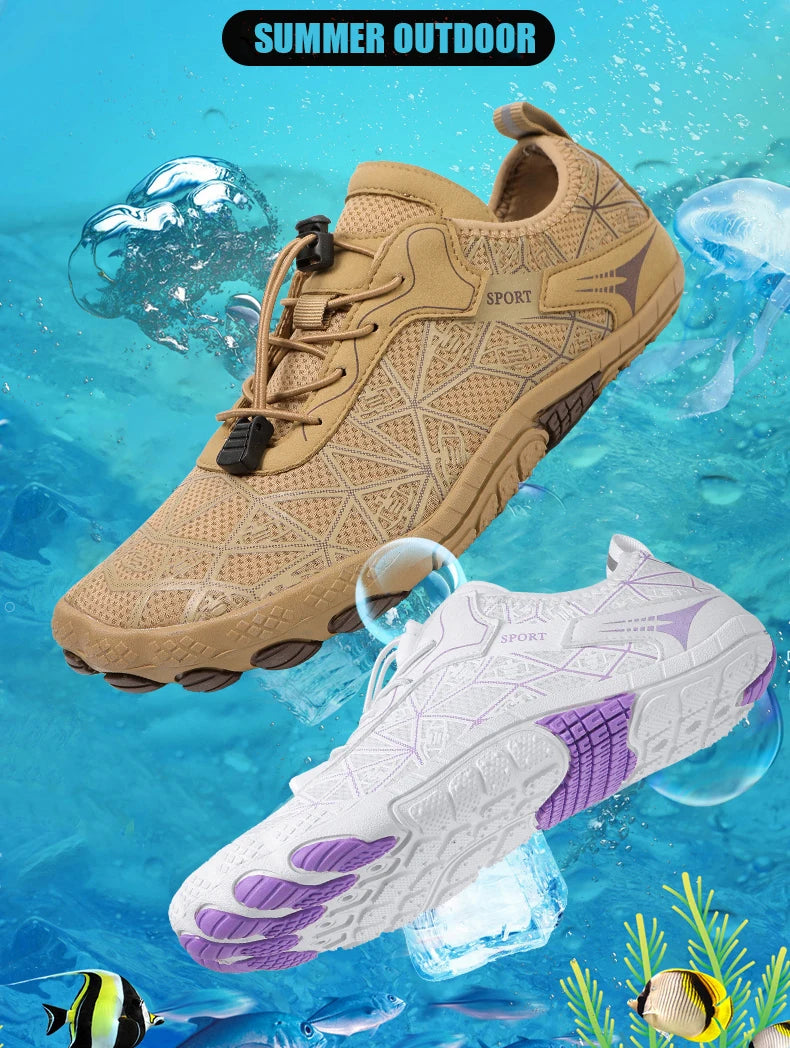Two pairs of shoes, one brown and one white with purple accents, on a blue underwater background with fish.