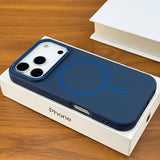 Navy blue phone case with a blue circle design on a white box with 'Phone' text, on a wooden surface.