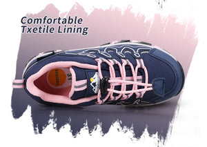 A navy blue athletic shoe with pink laces and pink inner lining, shown from a top-down angle on a white background with a pink and purple brushstroke graphic. Text in the upper left reads 'Comfortable Txtile Lining'.