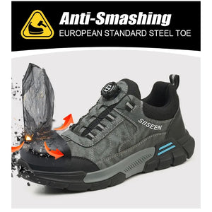 Gray safety shoe with black sole, featuring 'SIUSEEN' branding, on a white background with 'Anti-Smashing' text and logo.