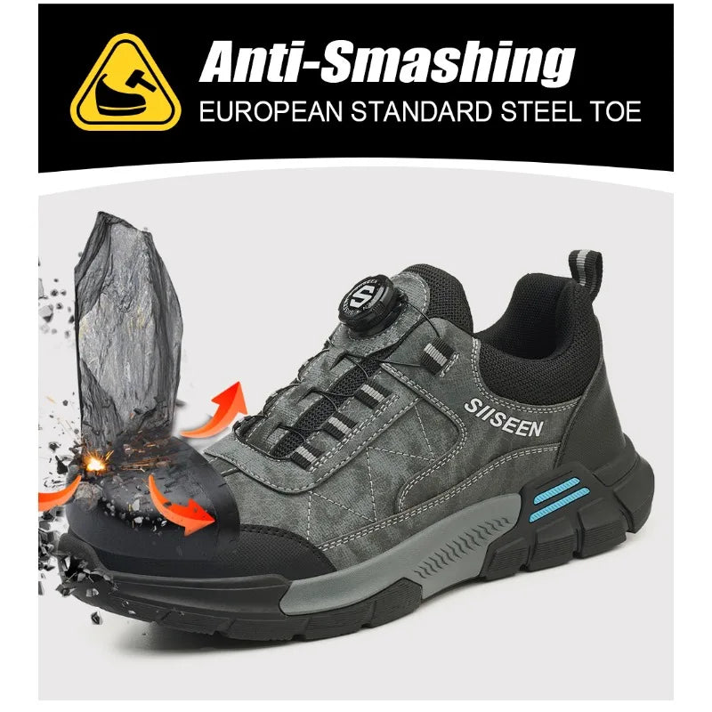 Gray safety shoe with black sole, featuring 'SIUSEEN' branding, on a white background with 'Anti-Smashing' text and logo.
