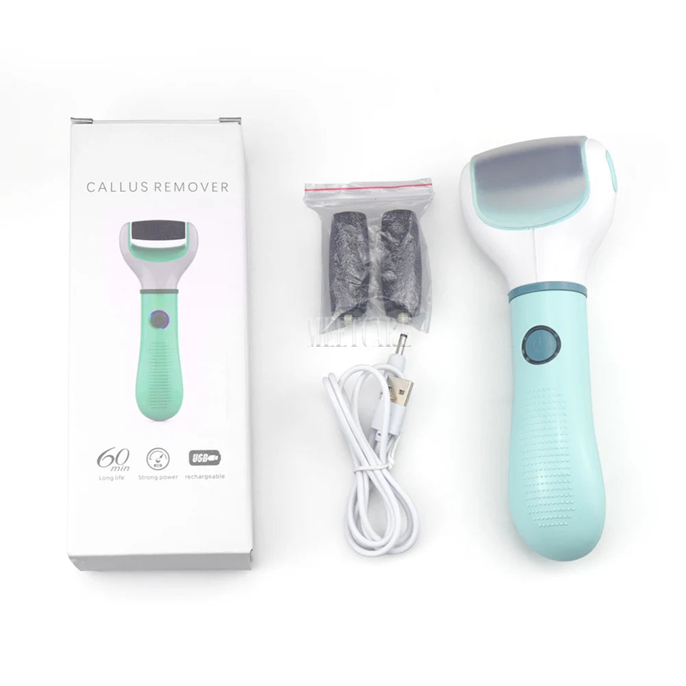 Callus remover with packaging, replacement rollers, and USB cable on a white background