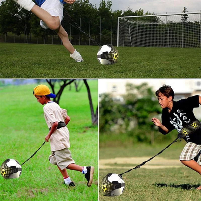 Three images showing a person kicking a soccer ball with a leash attached, used for training or exercise.
