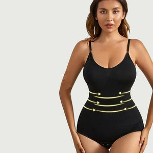 Woman wearing a black bodysuit with text highlighting features on a white background