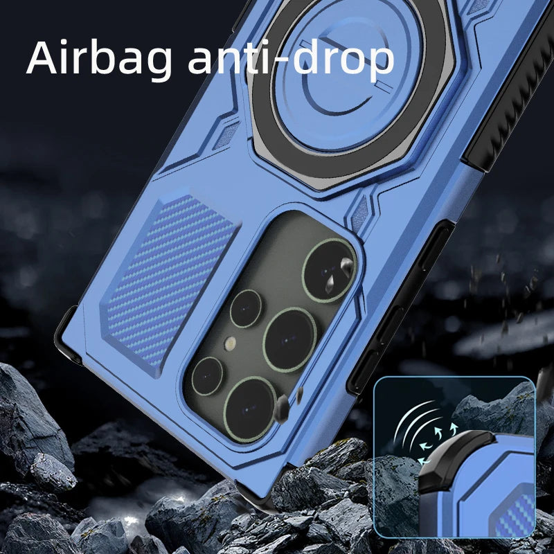 magnetic anti-drop case for Samsung Galaxy S25–S26 & A Series. Wireless charging support with holder stand