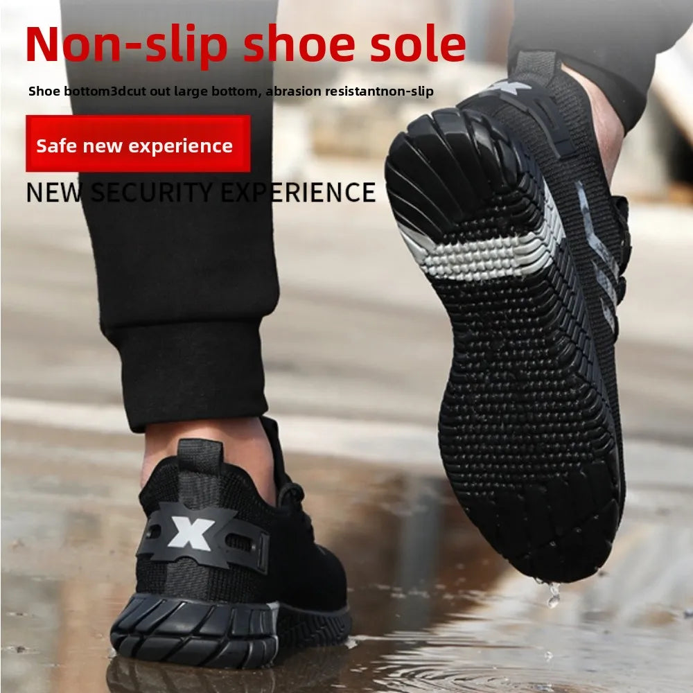 Black non-slip safety shoes shown on feet, with one shoe lifted to display the textured sole. The image includes promotional text overlays reading 'Non-slip shoe sole' and 'NEW SECURITY EXPERIENCE'.