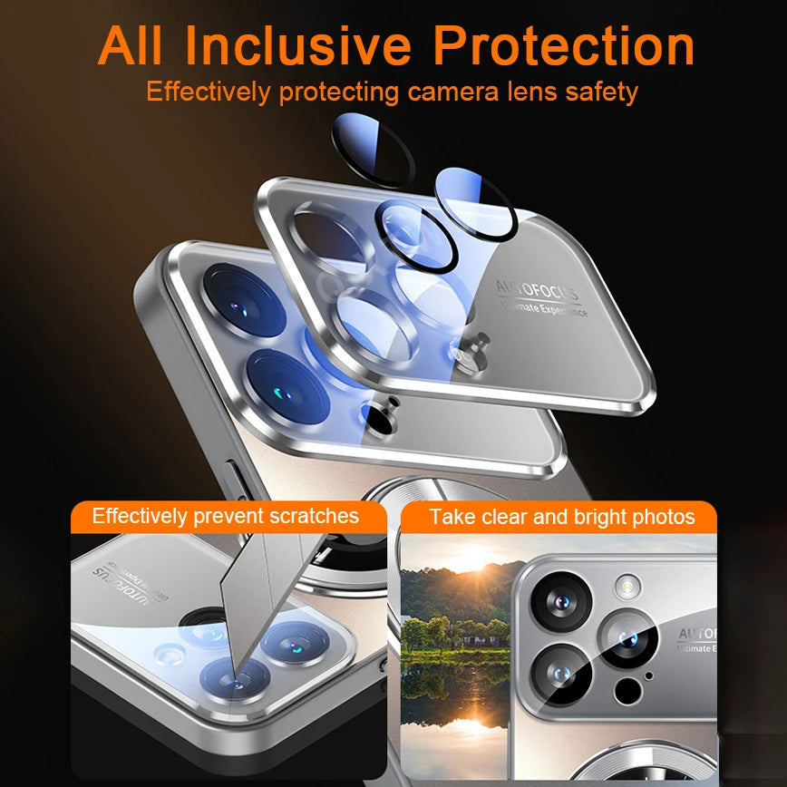 iPhone camera lens protector case with text highlighting its benefits on a dark background