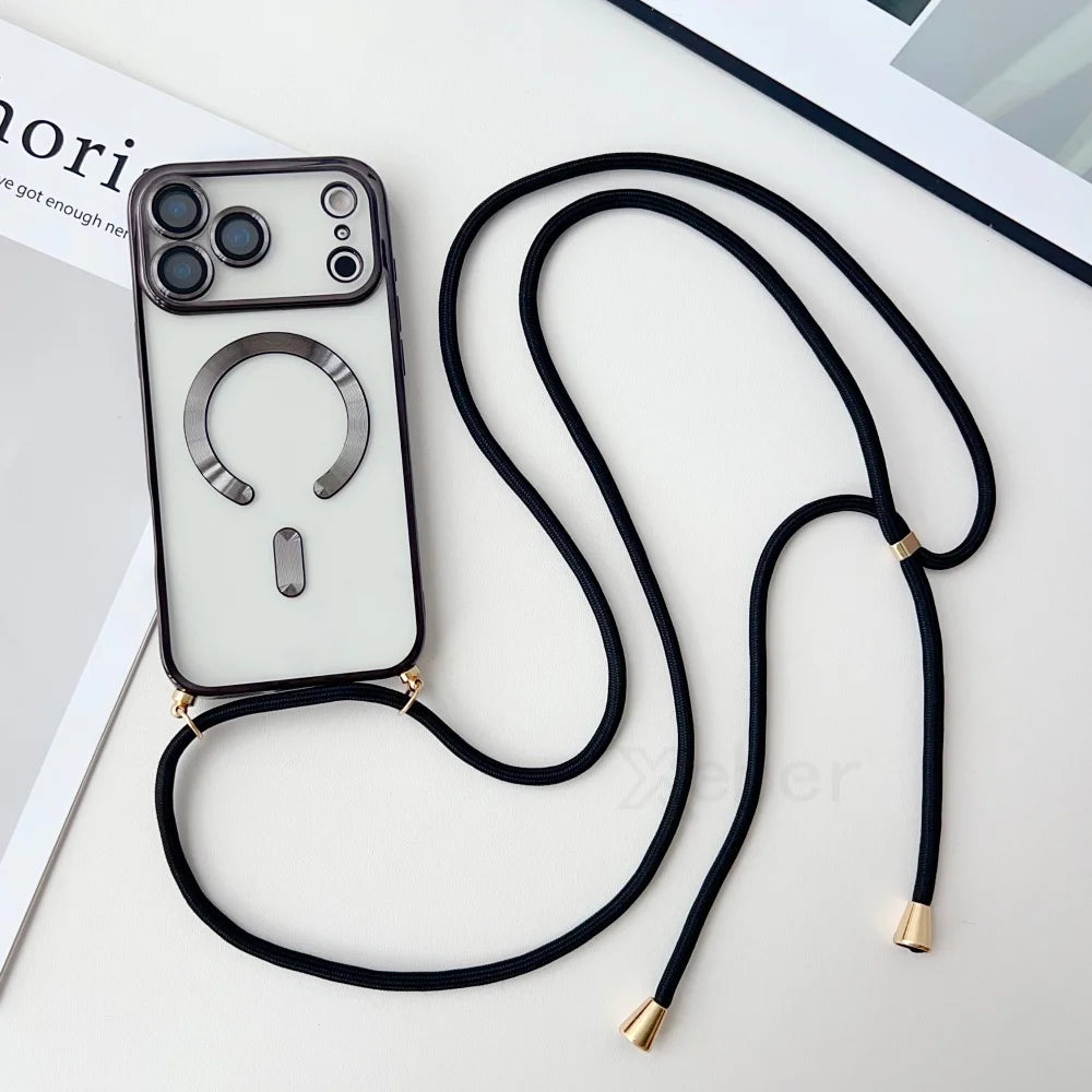 Plating Magnetic iPhone 17 16 15 14 13 12 11 Pro Max Plus Case with Crossbody Lanyard – Black