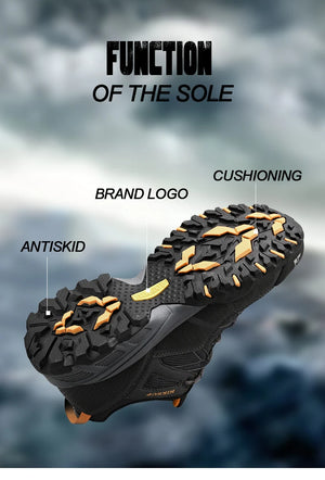 Close-up of a shoe sole with text highlighting features on a blurred natural background