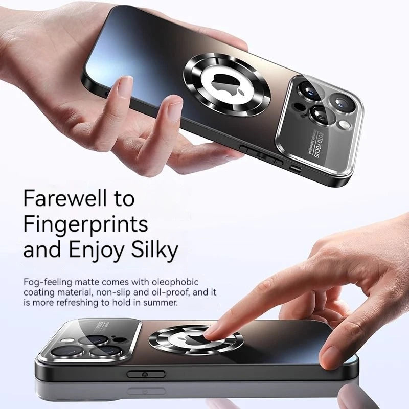 Phone case with oleophobic coating being held and touched, emphasizing anti-fingerprint properties.