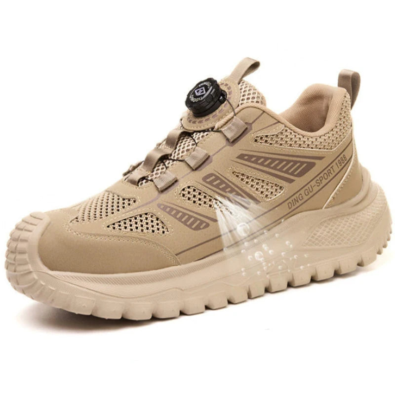 Beige safety work shoe sneaker with a brand logo on a white background