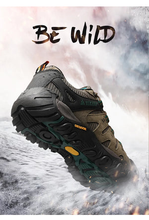 Hiking shoes with 'Be Wild' text on a dynamic background