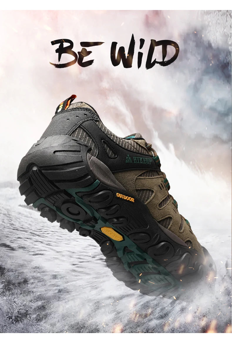 Hiking shoes with 'Be Wild' text on a dynamic background