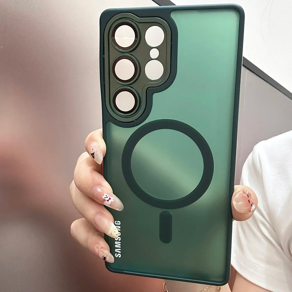 Magnetic matte translucent Samsung Galaxy case with camera lens protection and shockproof bumper