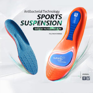 Two shoe insoles, one blue and one orange, with Nafoing branding on a white background.