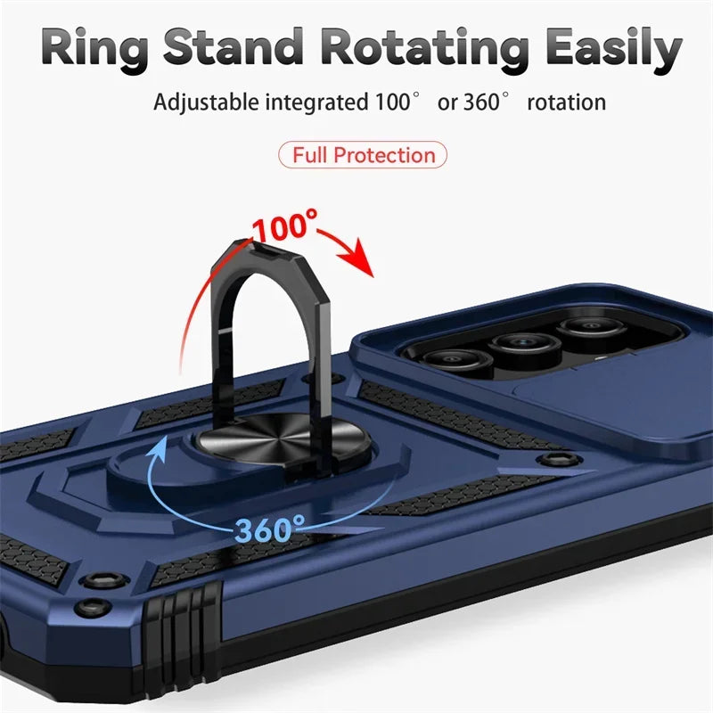 Blue Samsung phone case with ring stand feature on a white background