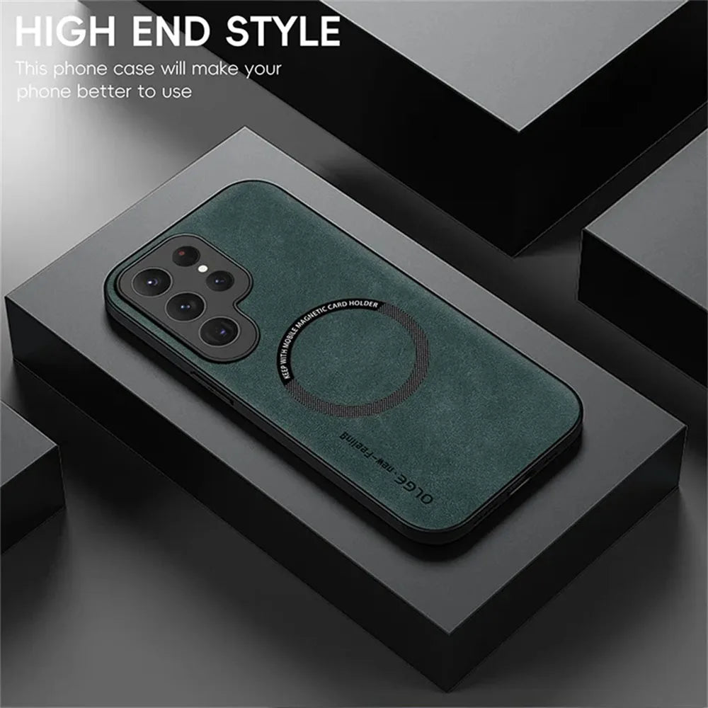 Green phone case on a dark surface with text about high-end style.