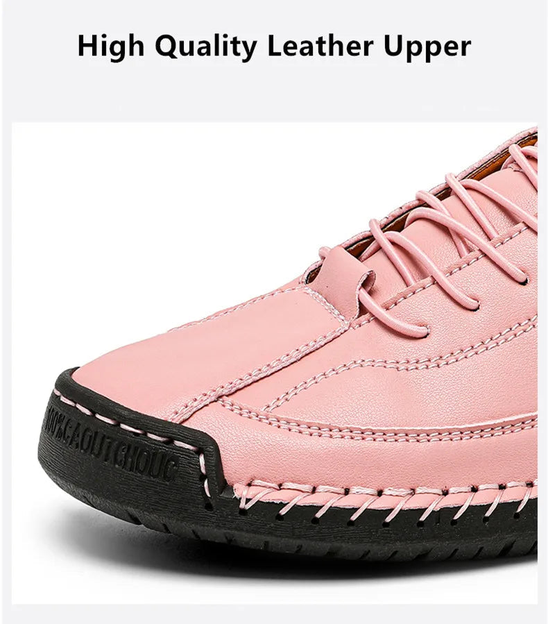 Pink leather shoe with high-quality leather upper on a white background